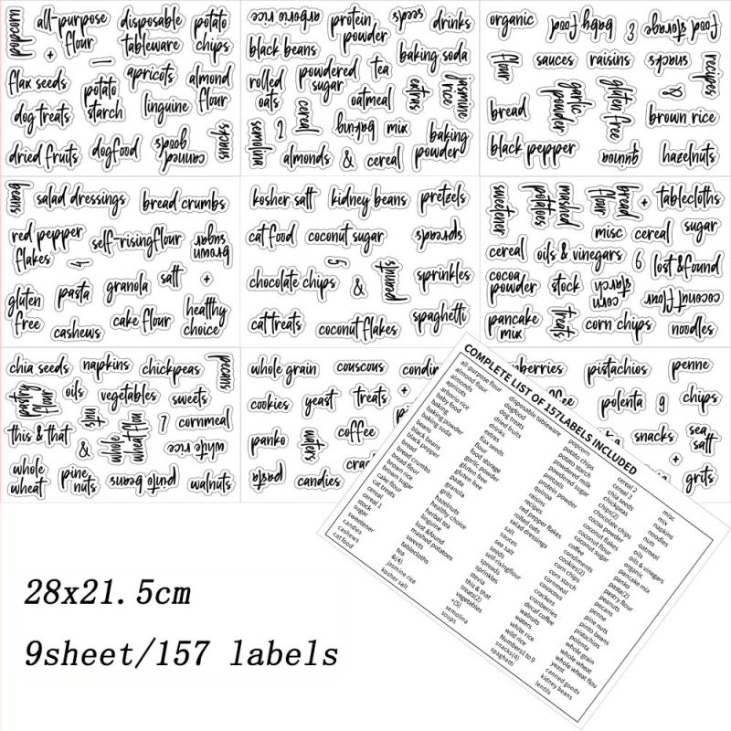 Трансгранични 157 кухненски консерви за храна, прозрачни стикери, водоустойчиви и маслоустойчиви, различни зърнени храни, пластмасова кутия за съхранение, етикет за класификация