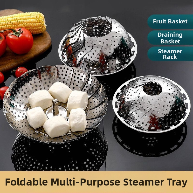 Sabiezināts nerūsējošā tērauda tvaicēšanas režģis, izvelkams, salokāms tvaicēšanas paplāte, tvaicēšanas paplāte, tvaicēšanas režģi, daudzfunkcionāla augļu paplāte, notekas grozs, dāvana