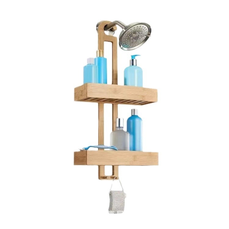 Ράφι ποτίσματος ντους κρεμαστό μπάνιου από μασίφ ξύλο, ράφι στερέωσης προϊόντων μπάνιου, ράφι αποθήκευσης με γάντζο από μπαμπού