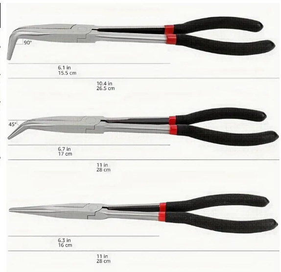 Skersinės prailginimo replės smailiomis nosimis, tinka 11 colių O formos užspaudimo galvutei, uždegimo žvakių išjungimo replėms, alyvos vamzdžių atskyrimo replėms