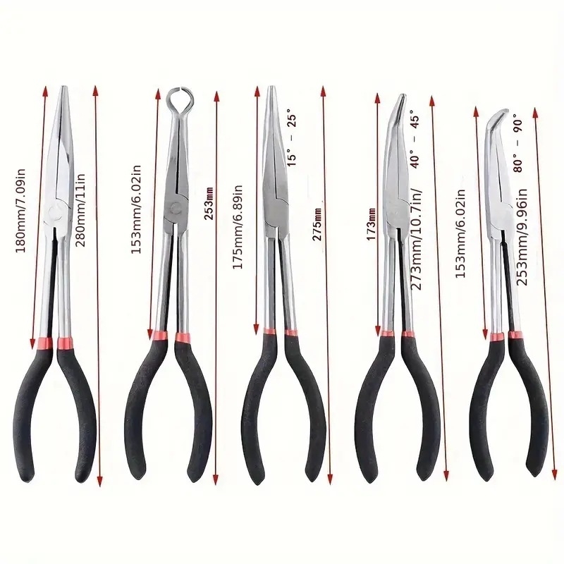 Skersinės prailginimo replės smailiomis nosimis, tinka 11 colių O formos užspaudimo galvutei, uždegimo žvakių išjungimo replėms, alyvos vamzdžių atskyrimo replėms