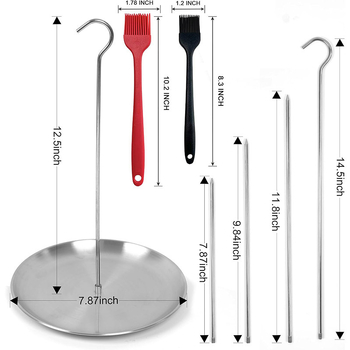 Аксесоари за барбекю тиган от неръждаема стомана с вертикален винт, 3 сменяеми четки, ръкавици, възглавници, бутилка с масло, кука за четка
