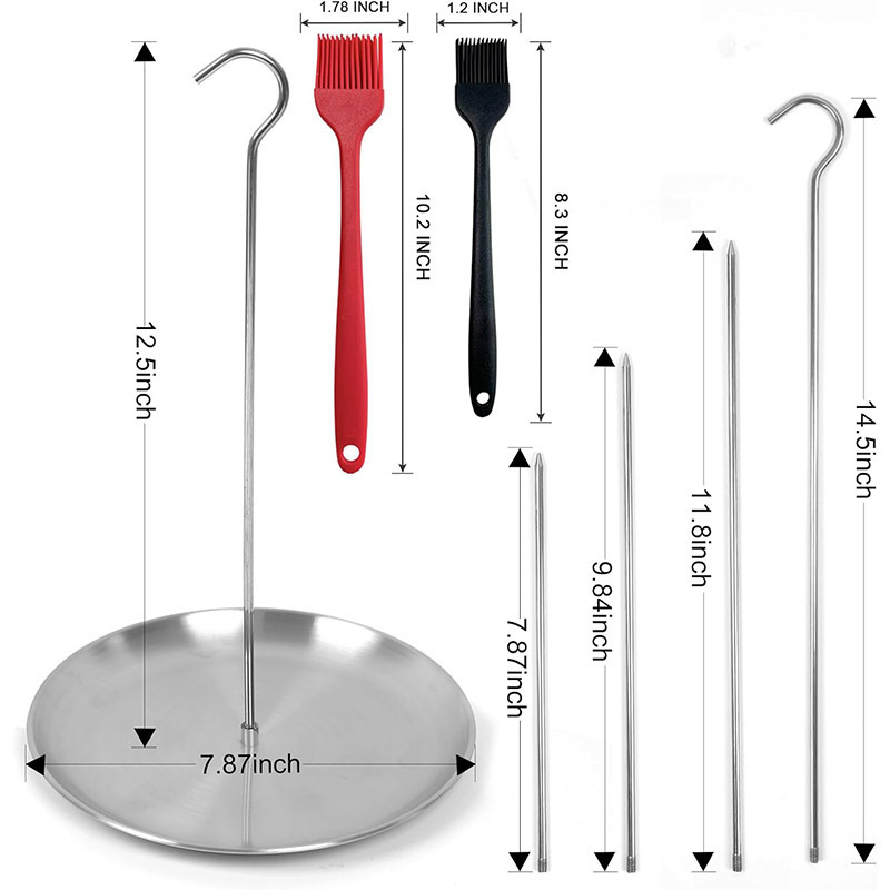 Аксесоари за барбекю тиган от неръждаема стомана с вертикален винт, 3 сменяеми четки, ръкавици, възглавници, бутилка с масло, кука за четка