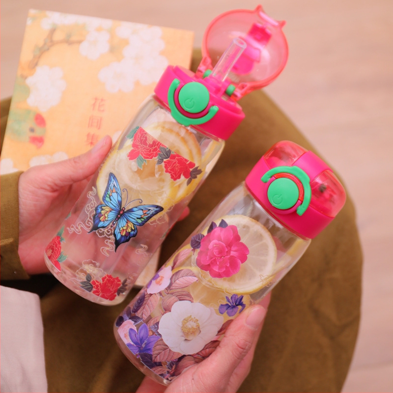 Сладка детска чаша за вода, нова студентска преносима пластмасова чаша, креативна национална стилна паунова цвете, пеперуда, капибала