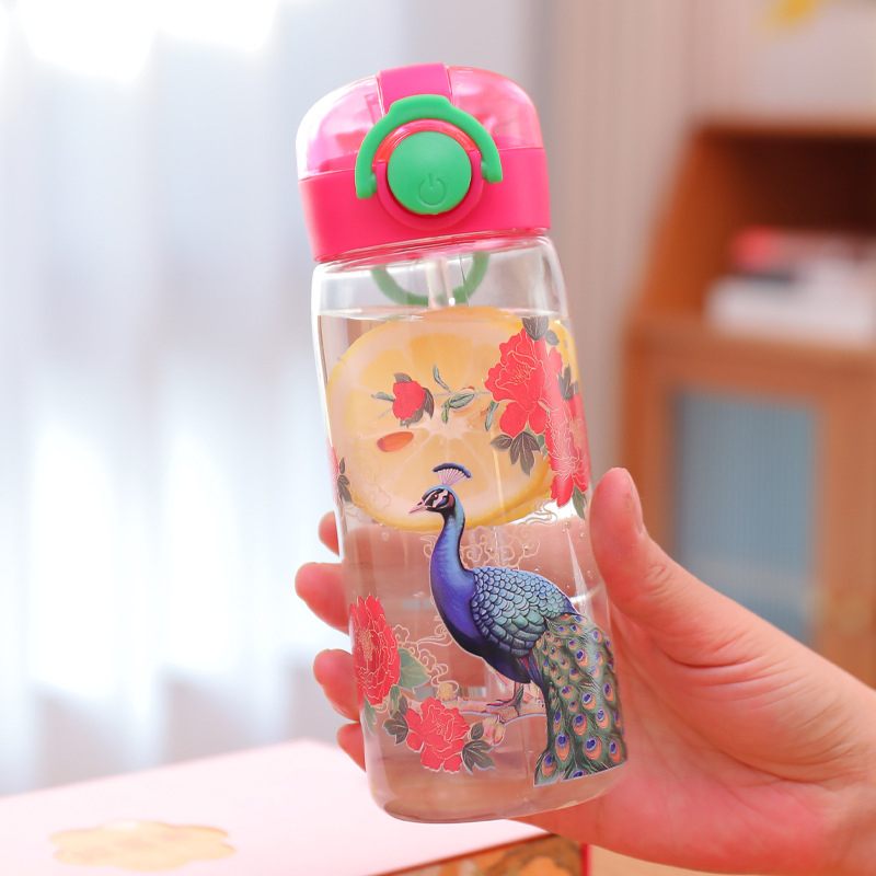 Gudra bērnu ūdens krūze Jauna skolēna pārnēsājama plastmasas krūze Radoša nacionālā stila pāva zieda tauriņa Kapibala