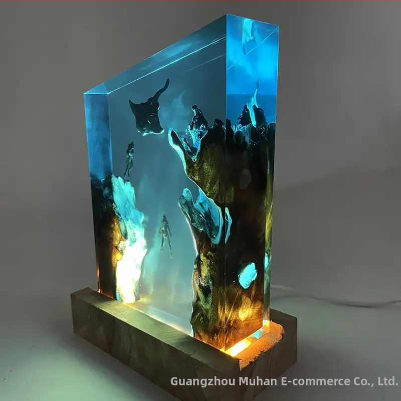 Нощна лампа от смола с водолаз и манта, гмуркане, дълбоководно изследване, персонализирана дървена лампа за домашен декор, подарък