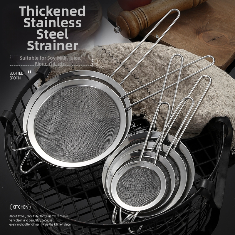 304 nerūdijančio plieno sietelis, vienos ausies, dviejų linijų, didelis kiaurasamtis, miltų tinklelis, sojų pieno sietelis, virtuvės aliejaus likučių tinklelis, aliejaus grotelės