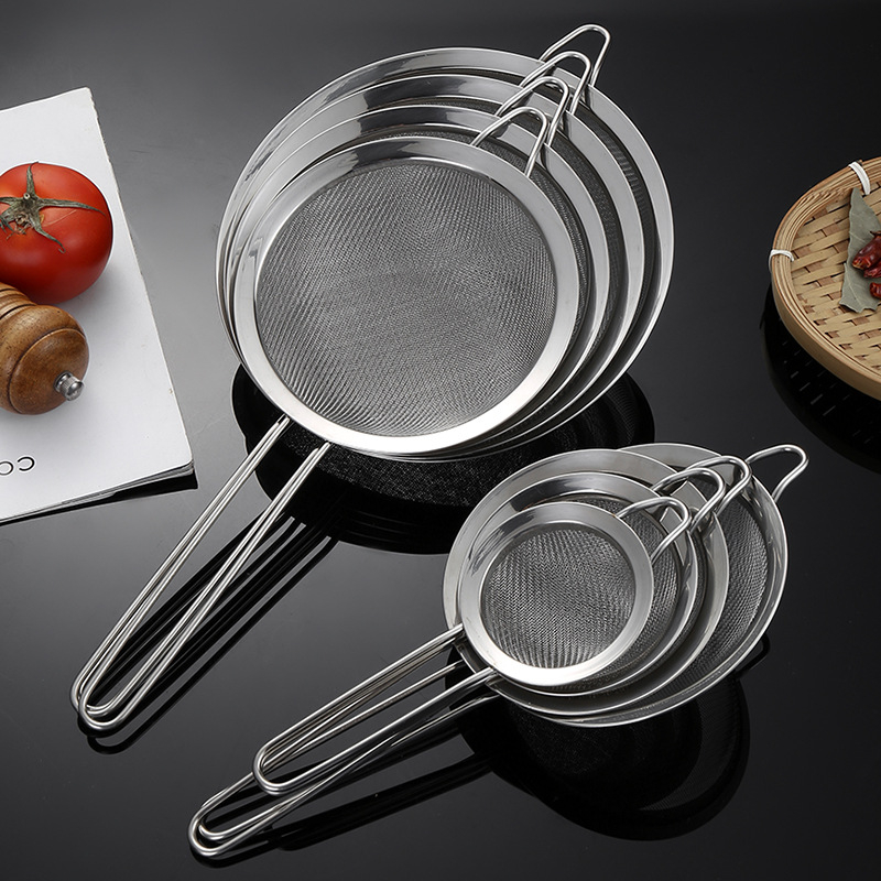 304 nerūdijančio plieno sietelis, vienos ausies, dviejų linijų, didelis kiaurasamtis, miltų tinklelis, sojų pieno sietelis, virtuvės aliejaus likučių tinklelis, aliejaus grotelės