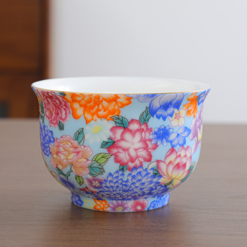 Emalio meistro puodelis, keraminis kung fu arbatos rinkinys, vieno puodelio, „Jianzha“ asmeninis arbatos degustacijos puodelis, „Cloisonne Palace“, dešimties tūkstančių gėlių didelis arbatos puodelis
