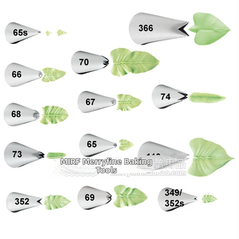 Keskmise suurusega ja suured lehed lameda suuga mitmekordse roostevabast terasest kondiitritoodete otsikuga koorepihusti kookikreemi kaunistamiseks