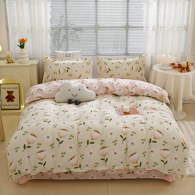 „Ding Color Small Fresh INS Style“ medvilnės ir lino odos draugiškas medvilnės šlifavimo vilnos augalinio šilkmedžio šilko keturių dalių komplektas studentų bendrabučio trijų dalių komplektas