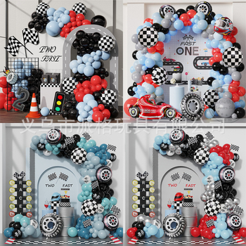 Tarpvalstybinių lenktynių balionų gimtadienio temos vakarėlio dekoracija, „Maca“ balionas, raudonų ir mėlynų lenktynių balionų arkos kompozicijos dekoracija