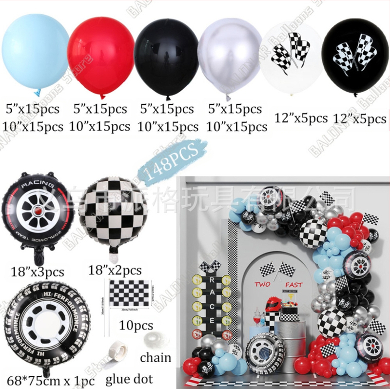 Tarpvalstybinių lenktynių balionų gimtadienio temos vakarėlio dekoracija, „Maca“ balionas, raudonų ir mėlynų lenktynių balionų arkos kompozicijos dekoracija