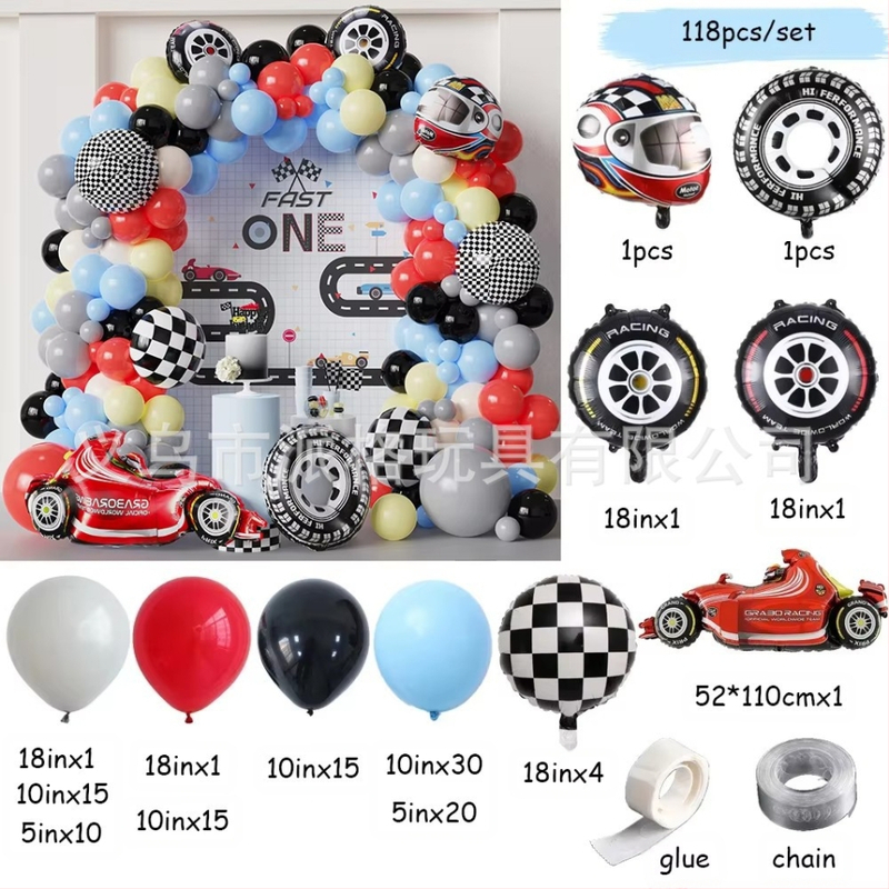 Tarpvalstybinių lenktynių balionų gimtadienio temos vakarėlio dekoracija, „Maca“ balionas, raudonų ir mėlynų lenktynių balionų arkos kompozicijos dekoracija