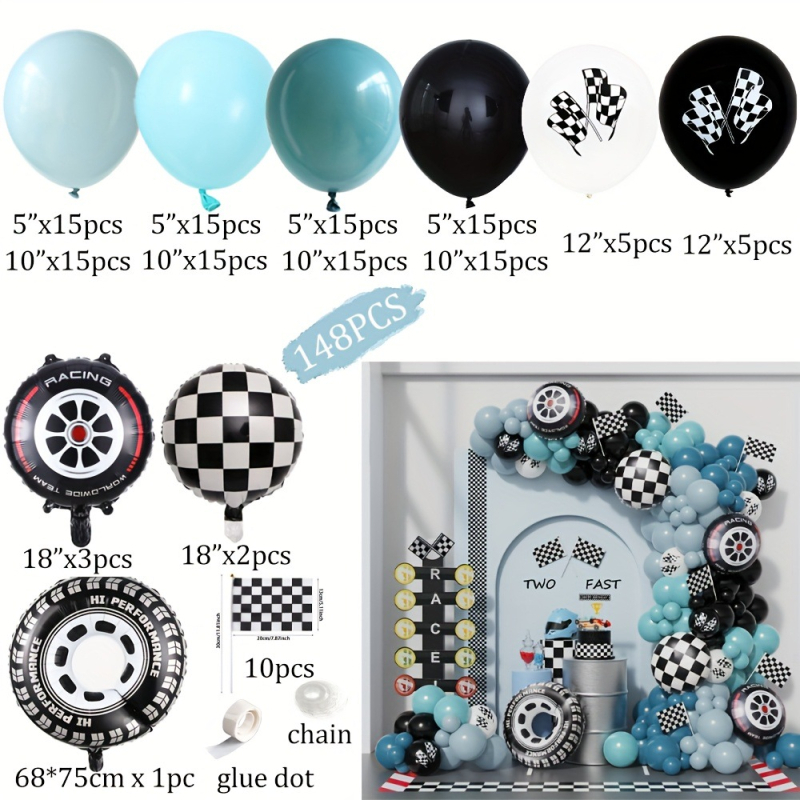 Tarpvalstybinių lenktynių balionų gimtadienio temos vakarėlio dekoracija, „Maca“ balionas, raudonų ir mėlynų lenktynių balionų arkos kompozicijos dekoracija