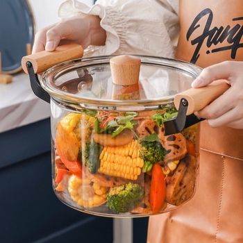 Stiklinis puodas su borosilikatinio stiklo sriubos puodu, troškinio puodu, medinės rankenos pieno puodu su dangčiu, „Temu Dropshipping“ dvigubos ausies puodu su atvira liepsna