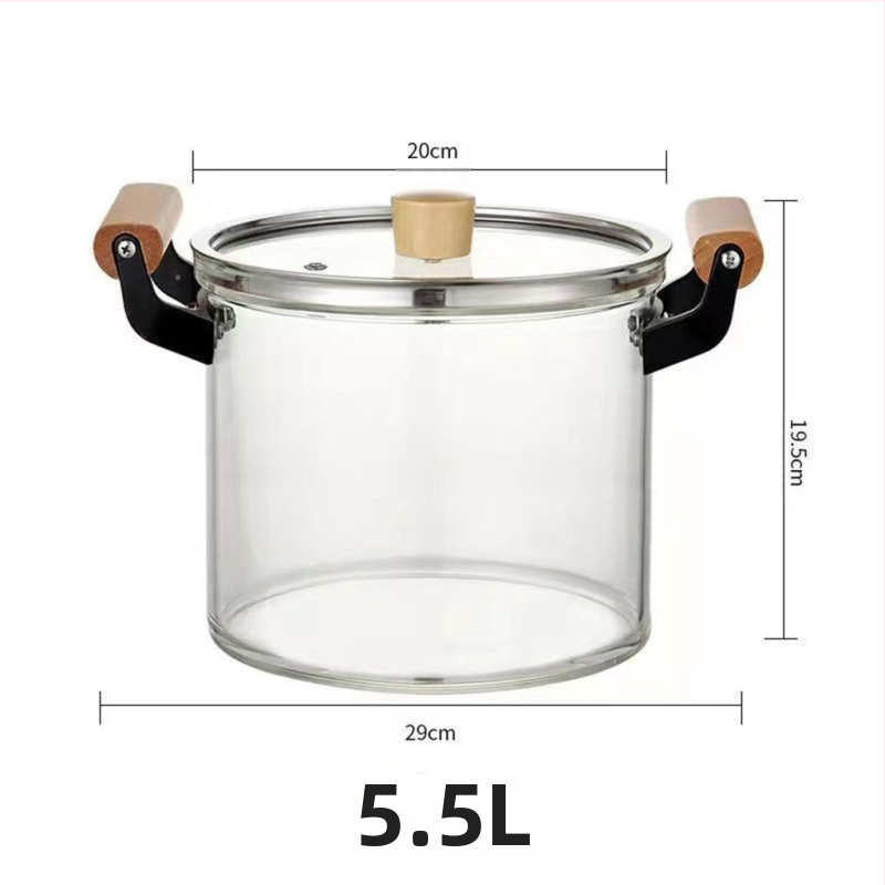 Stiklinis puodas su borosilikatinio stiklo sriubos puodu, troškinio puodu, medinės rankenos pieno puodu su dangčiu, „Temu Dropshipping“ dvigubos ausies puodu su atvira liepsna