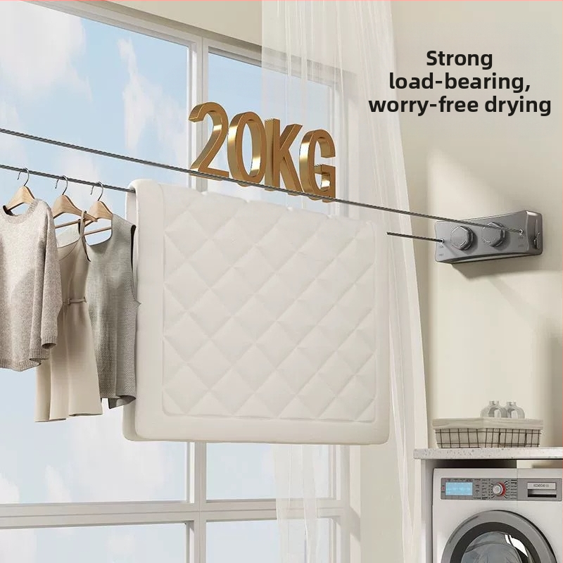 Nematoma skalbinių virvė patalpoje be perforatorių balkone nematoma ištraukiama drabužių džiovinimo artefaktas vonios kambario drabužių džiovyklės vielinė virvė