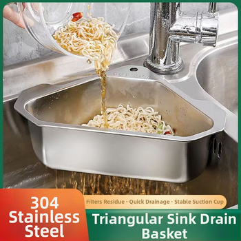 Virtuvės kriauklės nusausinimo krepšelis, 304 nerūdijančio plieno, neperforuojamas, trikampis, daržovių laikymo stovas, baseino likučių filtras