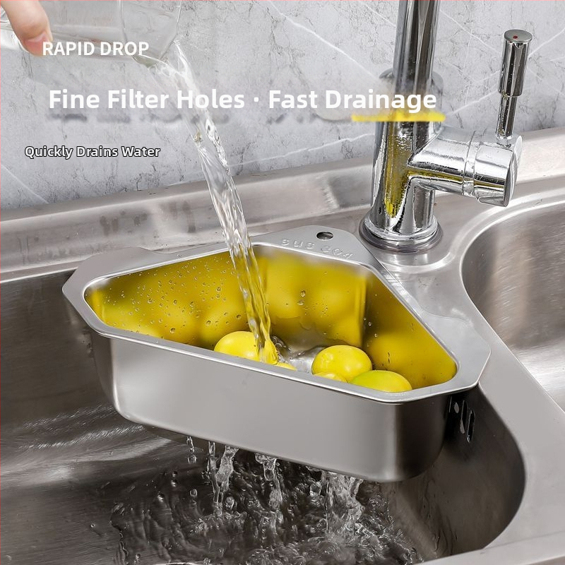 Virtuvės kriauklės nusausinimo krepšelis, 304 nerūdijančio plieno, neperforuojamas, trikampis, daržovių laikymo stovas, baseino likučių filtras