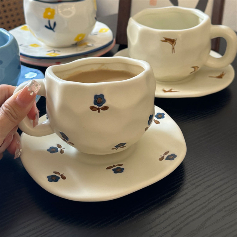 Korea stiilis käsitsi maalitud lilleline käsitsi valmistatud keraamiline kohvitass, piiriülene väärtuslik hommikusöögitass, lattetass