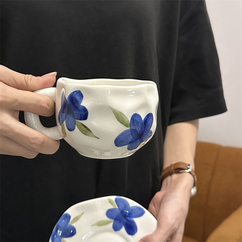 Korea stiilis käsitsi maalitud lilleline käsitsi valmistatud keraamiline kohvitass, piiriülene väärtuslik hommikusöögitass, lattetass