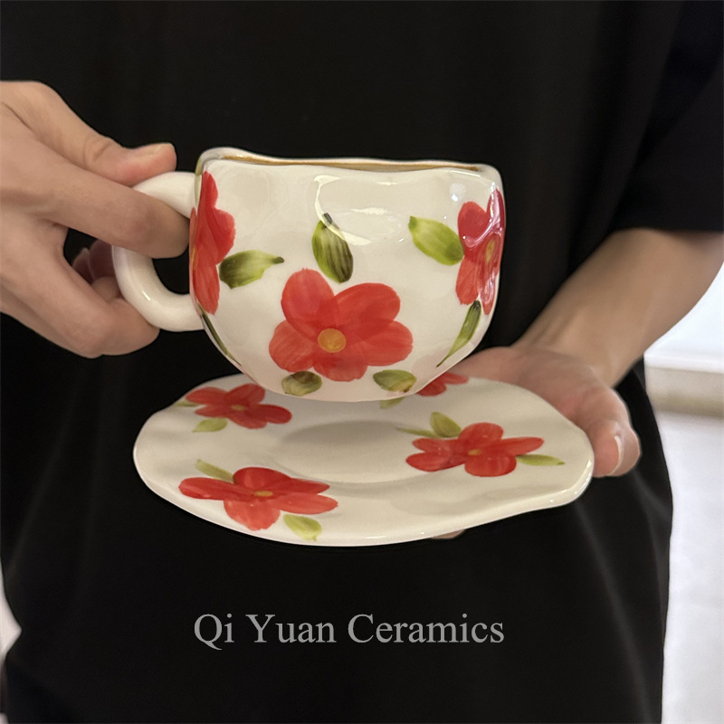 Korea stiilis käsitsi maalitud lilleline käsitsi valmistatud keraamiline kohvitass, piiriülene väärtuslik hommikusöögitass, lattetass