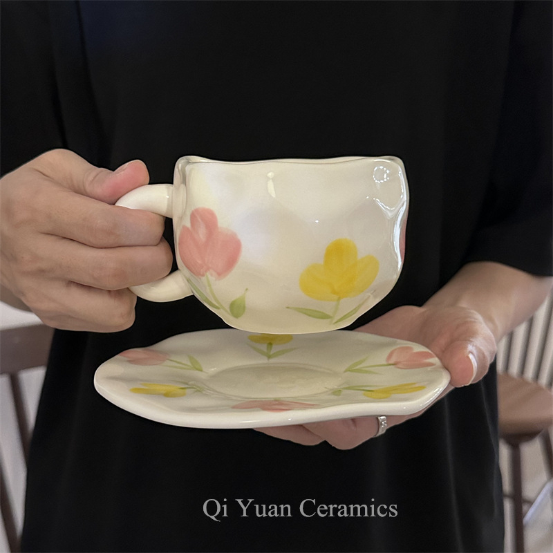 Korea stiilis käsitsi maalitud lilleline käsitsi valmistatud keraamiline kohvitass, piiriülene väärtuslik hommikusöögitass, lattetass
