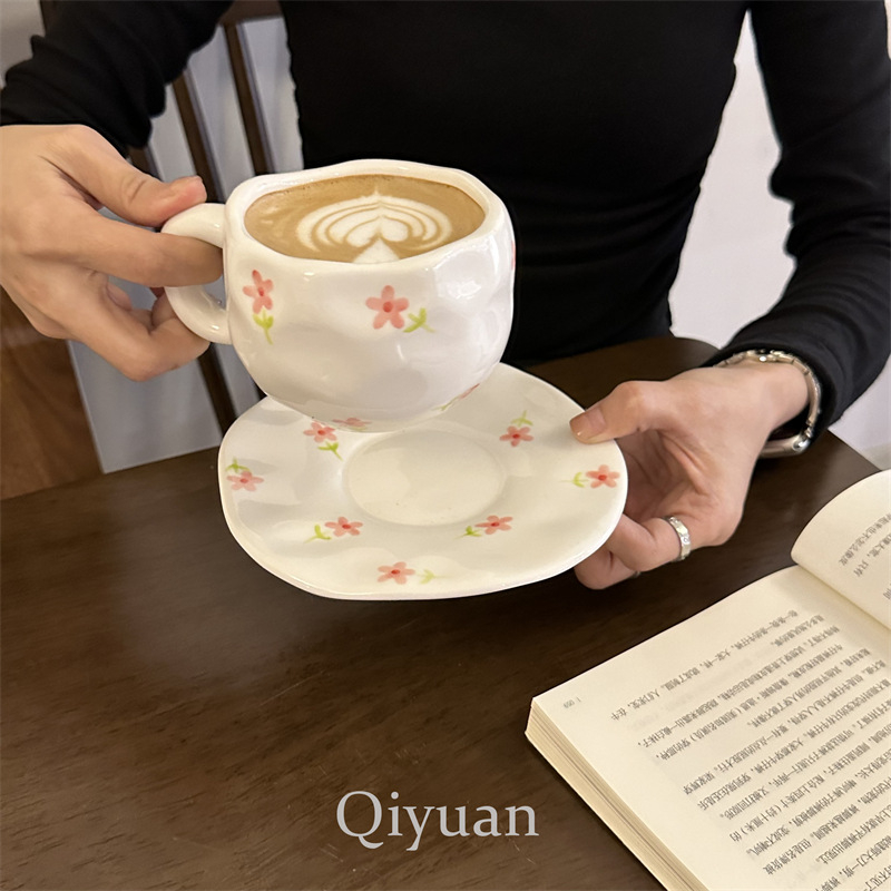 Korea stiilis käsitsi maalitud lilleline käsitsi valmistatud keraamiline kohvitass, piiriülene väärtuslik hommikusöögitass, lattetass