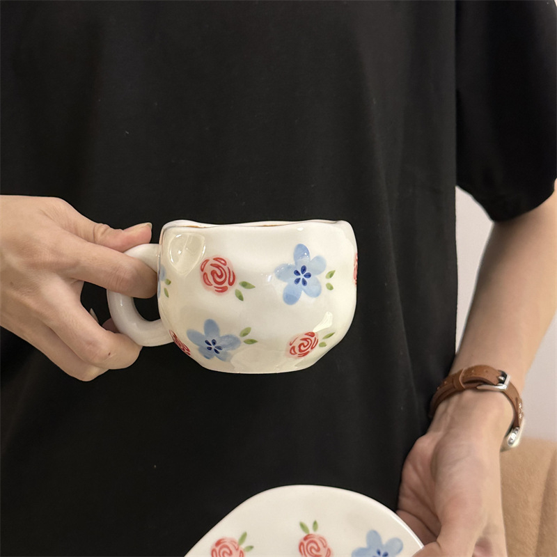 Korea stiilis käsitsi maalitud lilleline käsitsi valmistatud keraamiline kohvitass, piiriülene väärtuslik hommikusöögitass, lattetass