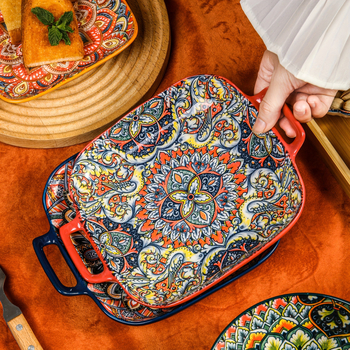 Bohēmisks keramikas galda piederumu dubultauss šķīvis, vintage stila, ar rokām apgleznots rīsu šķīvis un trauks mājas vairumtirdzniecībai, pārrobežu, viegla greznība