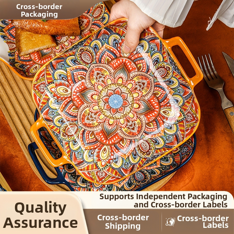 Boheemlaslikud keraamilised lauanõud, kahe kõrvaga taldrik, vintage-stiilis, käsitsi maalitud riisitaldrik ja -kauss koduseks hulgimüügiks, piiriülene kerge luksus