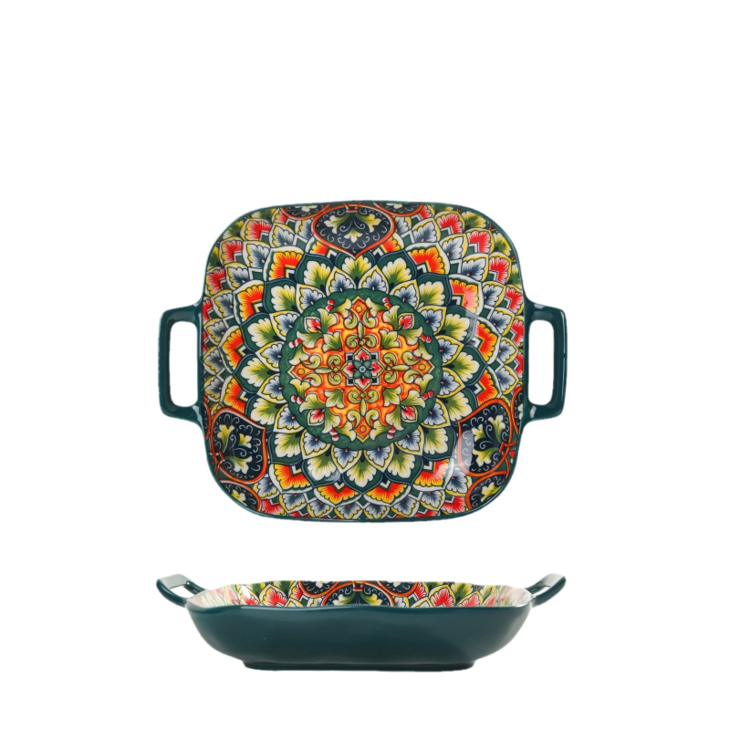 Boheemlaslikud keraamilised lauanõud, kahe kõrvaga taldrik, vintage-stiilis, käsitsi maalitud riisitaldrik ja -kauss koduseks hulgimüügiks, piiriülene kerge luksus