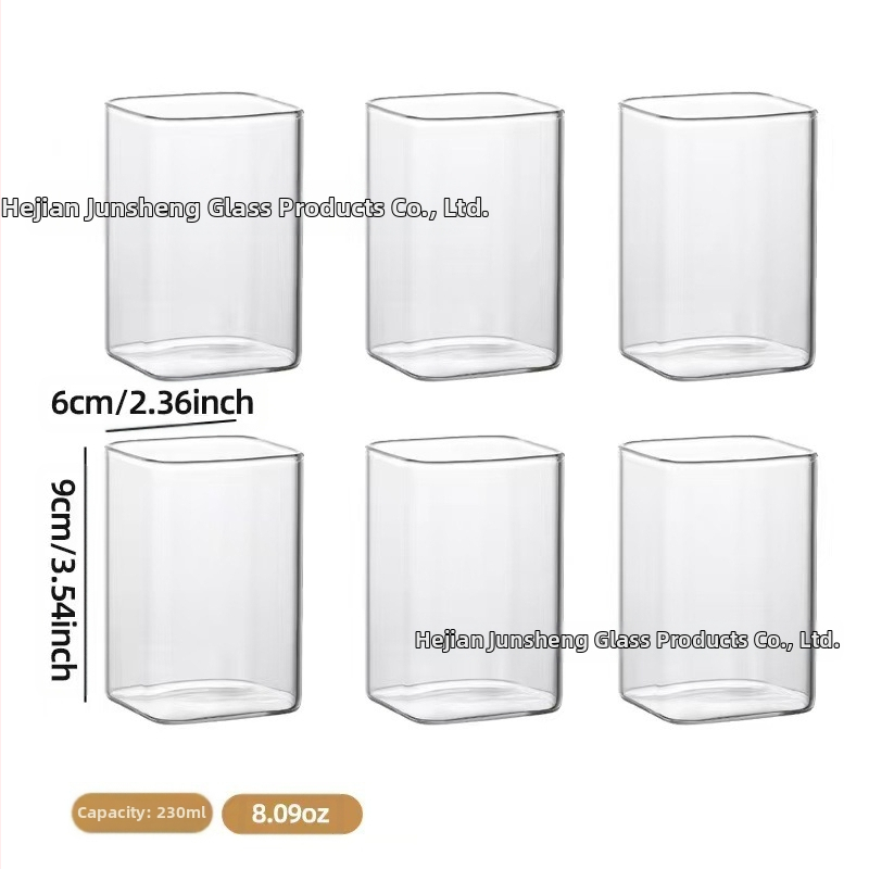 Ruudukujuline klaasist tassikomplekt koduseks kasutamiseks, läbipaistva veetopsi hulgimüük, logo, kõrge temperatuurikindel, ühekihiline teetass, kõrge borosilikaadi sisaldusega veetass