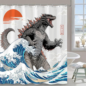 Piiriülene otsetarne dinosauruseteemaline dušikardin, koletislik dušikardin, Jaapani laineteemaline dušikardin, vannitoa kardin, veekindel vahesein