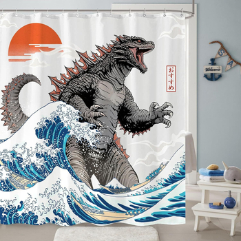 Piiriülene otsetarne dinosauruseteemaline dušikardin, koletislik dušikardin, Jaapani laineteemaline dušikardin, vannitoa kardin, veekindel vahesein