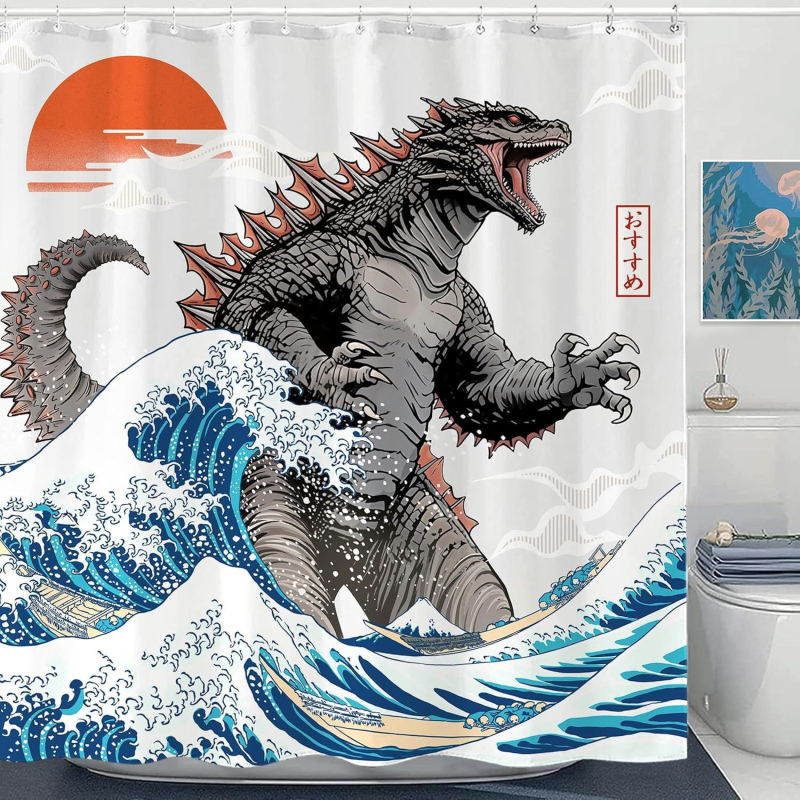 Prekogranična dropshipping zavjesa za tuš s dinosaurima, zavjesa za tuš s čudovištem, zabavna zavjesa za tuširanje s japanskim valovima, zavjesa za kupaonicu, vodootporna pregrada