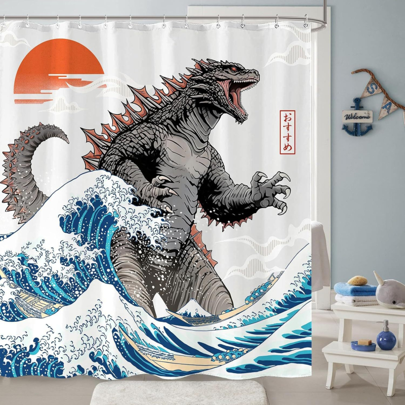 Piiriülene otsetarne dinosauruseteemaline dušikardin, koletislik dušikardin, Jaapani laineteemaline dušikardin, vannitoa kardin, veekindel vahesein