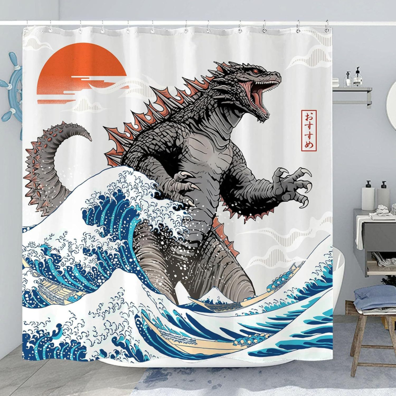 Piiriülene otsetarne dinosauruseteemaline dušikardin, koletislik dušikardin, Jaapani laineteemaline dušikardin, vannitoa kardin, veekindel vahesein