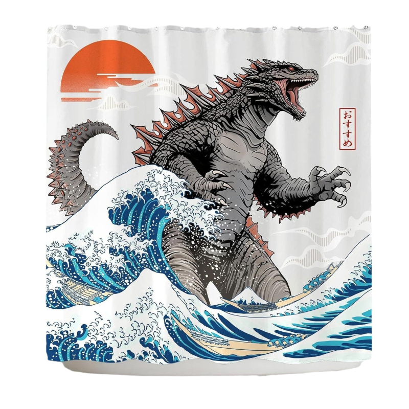 Piiriülene otsetarne dinosauruseteemaline dušikardin, koletislik dušikardin, Jaapani laineteemaline dušikardin, vannitoa kardin, veekindel vahesein