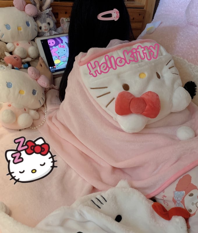 Paradīzes stila rozā meitenes sirds Hello Kitty kopmītnes guļamistabas flaneļa apmetnis, sega, kapuce, šalle, apmetnis