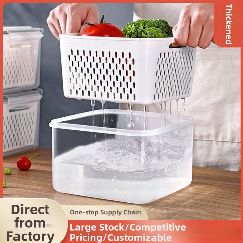 Dvojvrstvová odtoková chladnička na uchovávanie čerstvosti v kuchyni, mrazená potravinárska uzavretá krabica, priehľadná úložná krabica pre domácnosti, veľkoobchod