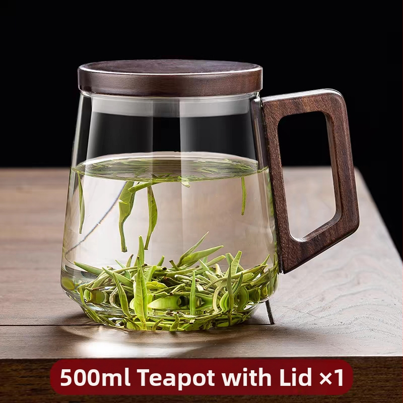 Gamintojo didmeninė stiklinė arbatos puodelis su rankena, žaliosios arbatos puodelis, buitinis karščiui atsparus stiklinis puodelis, kiniškas medinės rankenos rašalo puodelis, aukščiausios klasės svečias