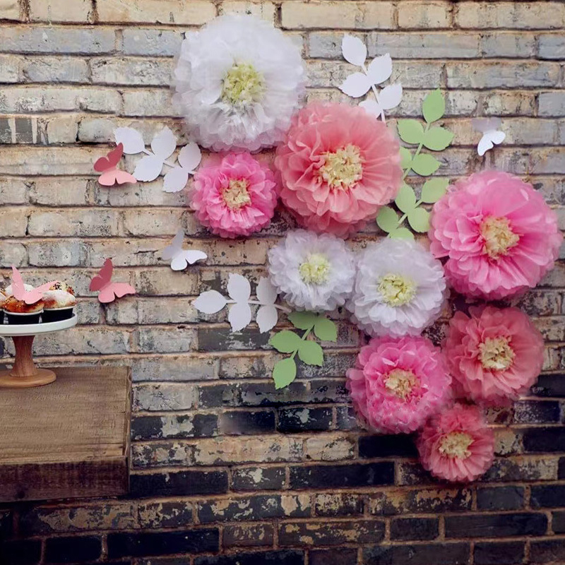 „Amazon“ nauji dvigubos spalvos gėlių akmenys, popierinis gėlių rutulys, drugelio medžio lapai, vestuvių vakarėlio langų dekoravimas, popierinis rankšluostis, pompominė gėlė