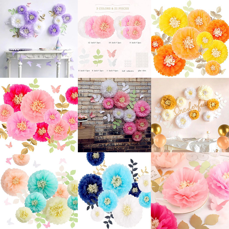 „Amazon“ nauji dvigubos spalvos gėlių akmenys, popierinis gėlių rutulys, drugelio medžio lapai, vestuvių vakarėlio langų dekoravimas, popierinis rankšluostis, pompominė gėlė