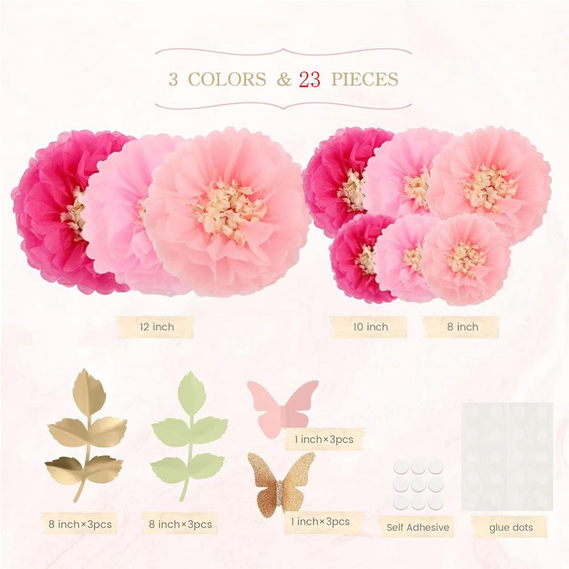 „Amazon“ nauji dvigubos spalvos gėlių akmenys, popierinis gėlių rutulys, drugelio medžio lapai, vestuvių vakarėlio langų dekoravimas, popierinis rankšluostis, pompominė gėlė