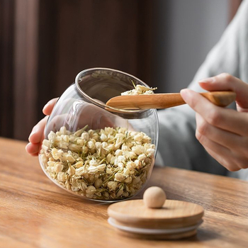 Apvalus sandarus stiklainis stiklinis medinis dangtelis su dangteliu arbatos prieskonių stiklainis stambiagrūdžių laikymo laikymo stiklainis