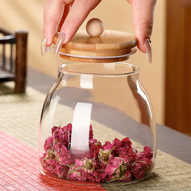 Apvalus sandarus stiklainis stiklinis medinis dangtelis su dangteliu arbatos prieskonių stiklainis stambiagrūdžių laikymo laikymo stiklainis