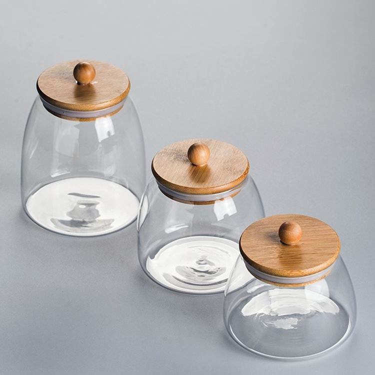 Apvalus sandarus stiklainis stiklinis medinis dangtelis su dangteliu arbatos prieskonių stiklainis stambiagrūdžių laikymo laikymo stiklainis