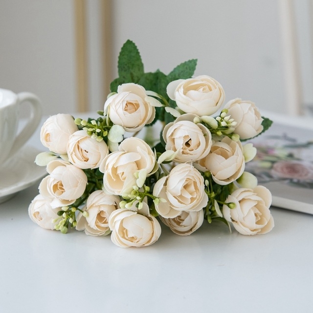 Dirbtinė 5 šakučių rožių maža arbatmedžio puokštė vestuvių puokštė dirbtinė gėlė paprasta namų svetainės valgomojo stalo dekoracija gėlė
